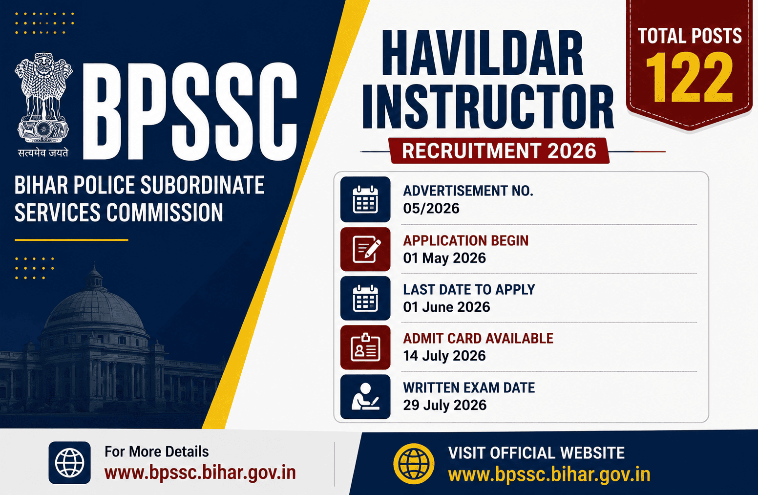 BPSSC Havildar Instructor Exam Date 2026 notification details